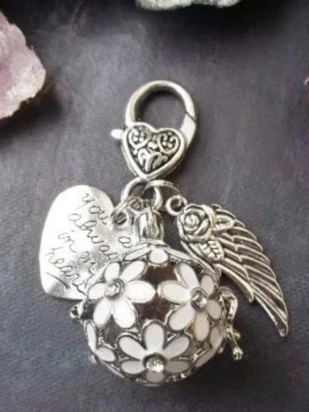 Bag CharmFlower Locket Glass Orb Charm Keychain Angel Wing Quote Heart Memorial